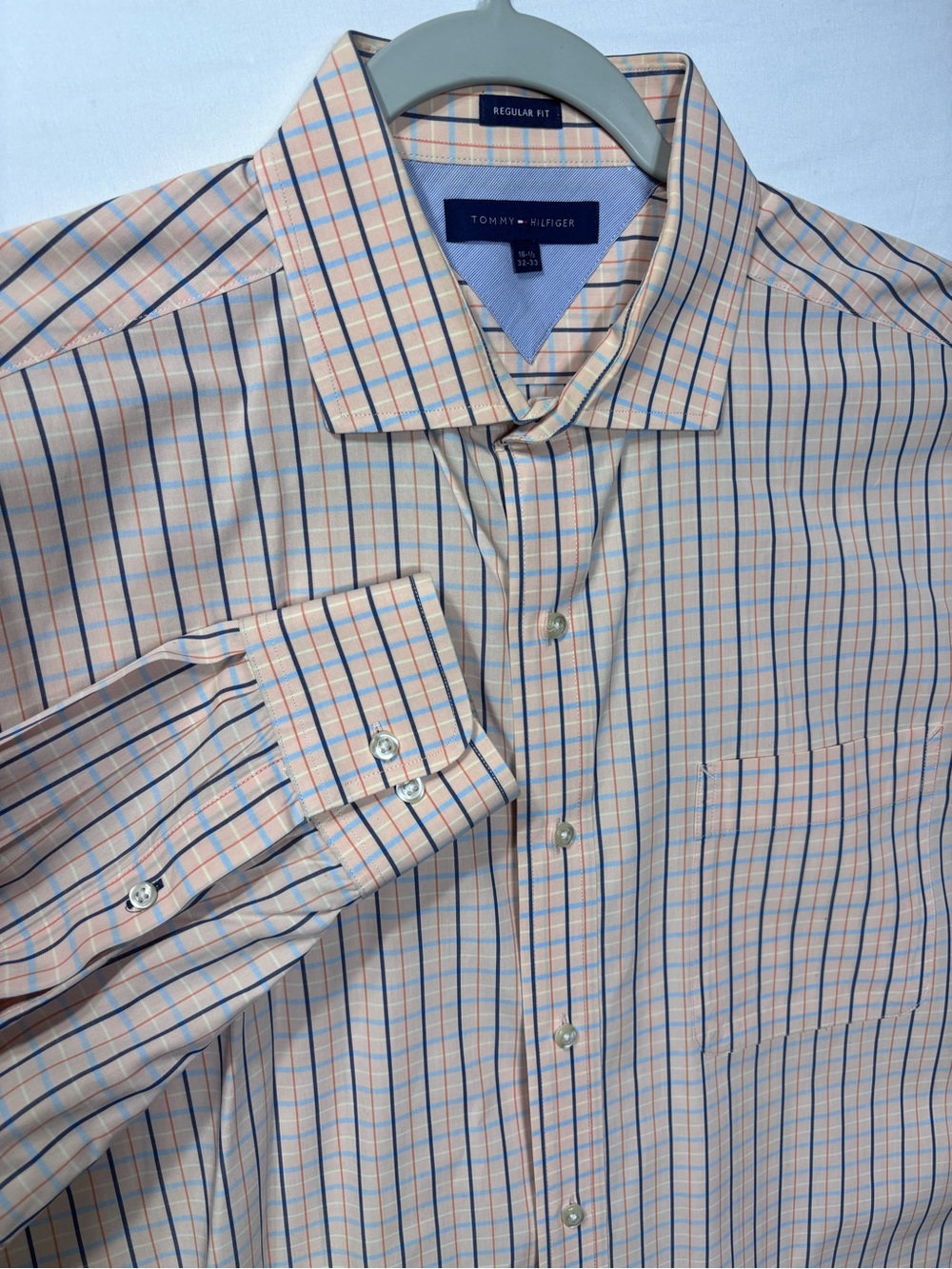 Tommy Hilfiger Peach Dress Shirt with Blue and Navy Stripes